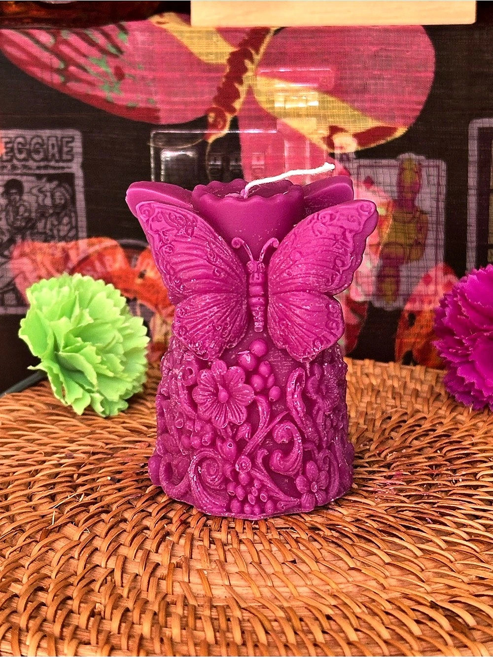 Enchanted Butterfly Garden Pillar Candle – Magenta